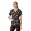 Blusa de trabalho feminina Cross-Flex com decote em V e estampado