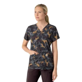 Blusa de trabalho feminina Cross-Flex com decote em V e estampado