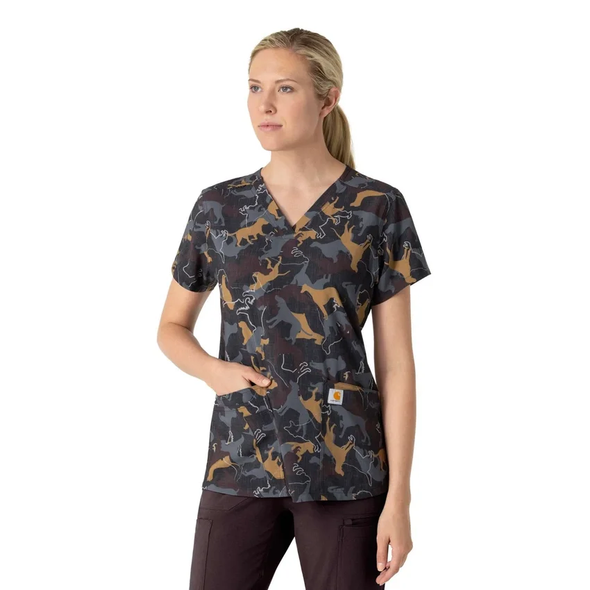 Blusa de trabalho feminina Cross-Flex com decote em V e estampado