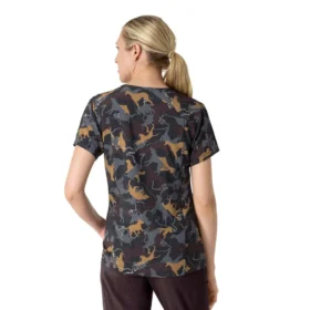 Blusa de trabalho feminina Cross-Flex com decote em V e estampado