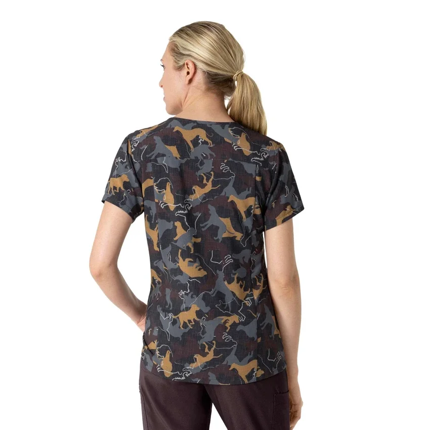 Blusa de trabalho feminina Cross-Flex com decote em V e estampado