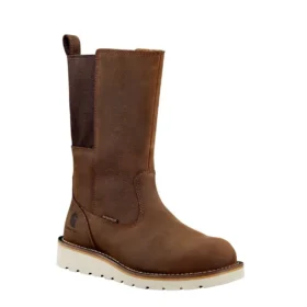 Bota Wellington com biqueira de aço, impermeável, de 10″ e com salto em cunha, para mulher