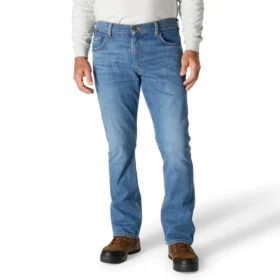 Calças de ganga de trabalho para homem, corte relaxado, boca de botão, Rugged Flex, resistentes ao fogo