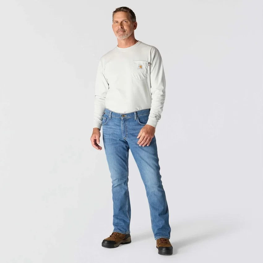 Calças de ganga de trabalho para homem, corte relaxado, boca de botão, Rugged Flex, resistentes ao fogo