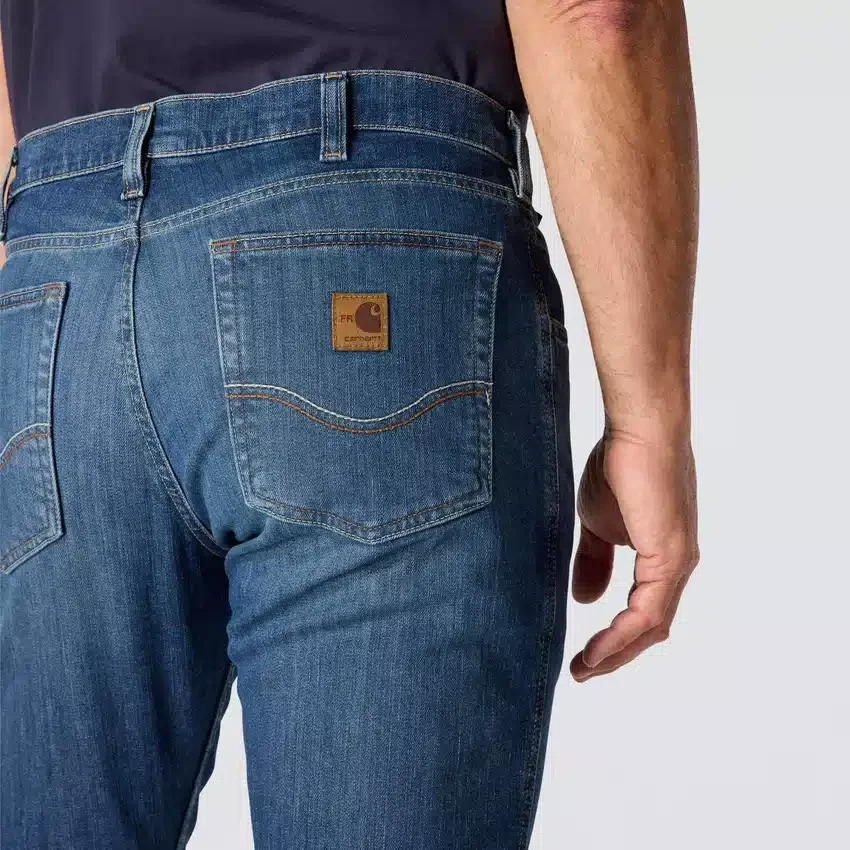 Calças de ganga de trabalho para homem, corte relaxado, boca de botão, Rugged Flex, resistentes ao fogo