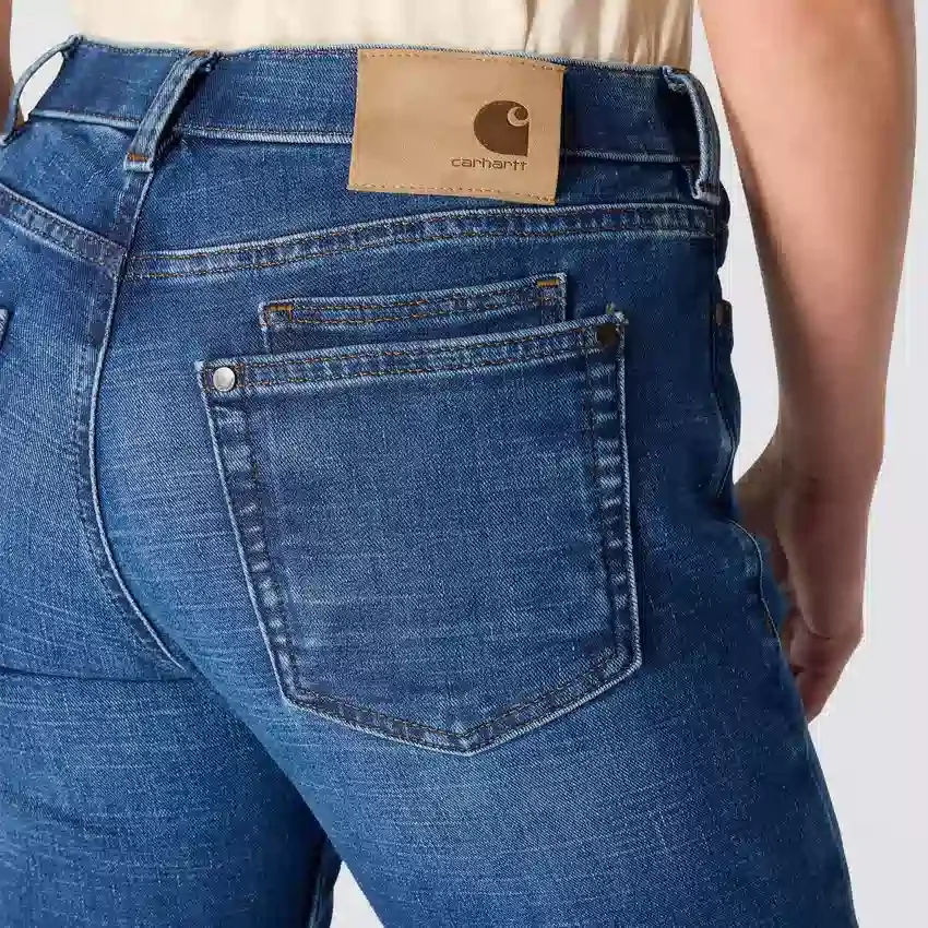 Calças de ganga elásticas Essential de cintura média e perna reta para mulher
