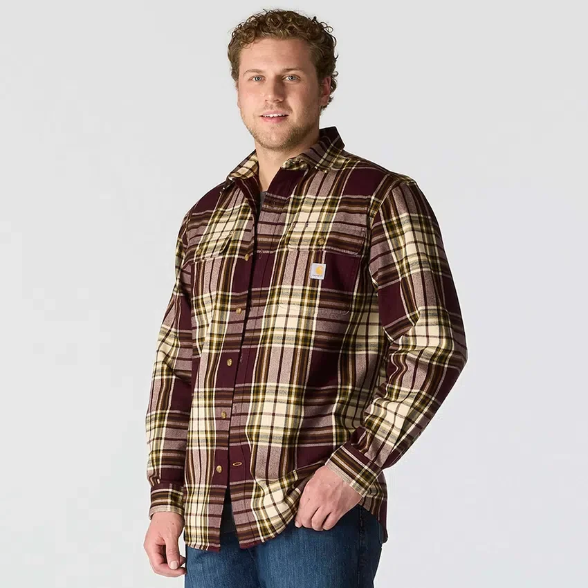 Camisa de flanela xadrez de manguitos largos, corte largo e tecido pesado