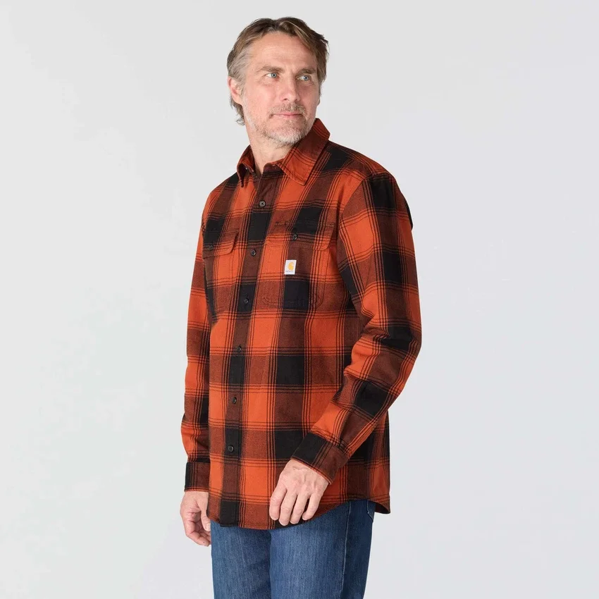 Camisa de flanela xadrez de manguitos largos, corte largo e tecido pesado