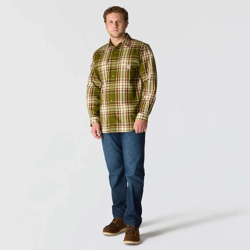 Camisa de flanela xadrez de manguitos largos, corte largo e tecido pesado