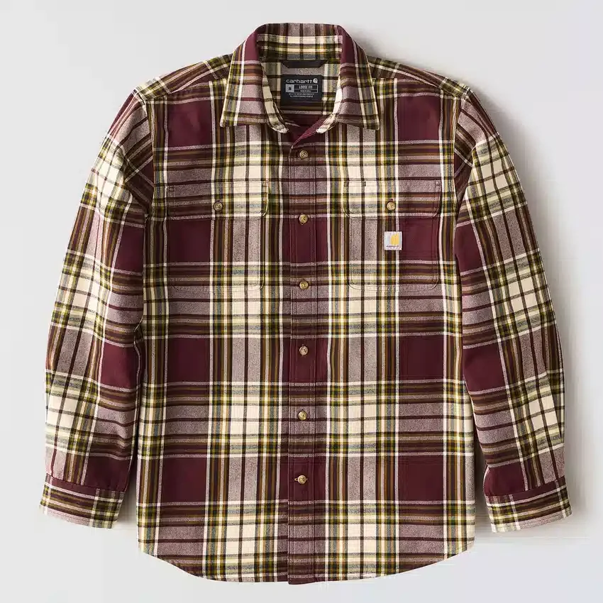 Camisa de flanela xadrez de manguitos largos, corte largo e tecido pesado