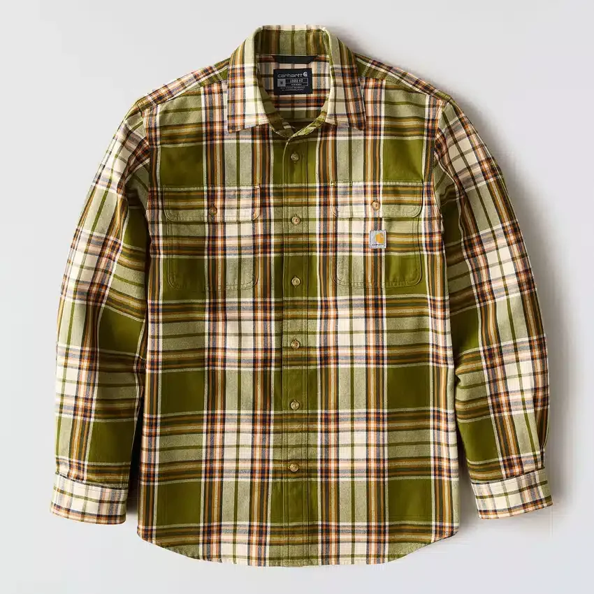Camisa de flanela xadrez de manguitos largos, corte largo e tecido pesado