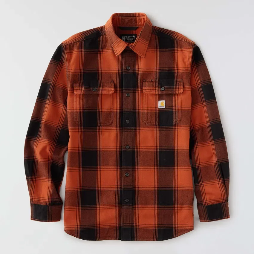 Camisa de flanela xadrez de manguitos largos, corte largo e tecido pesado
