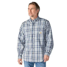 Camisa masculina de manguitos longos em sarja xadrez, corte largo - Camisas resistentes ao fogo