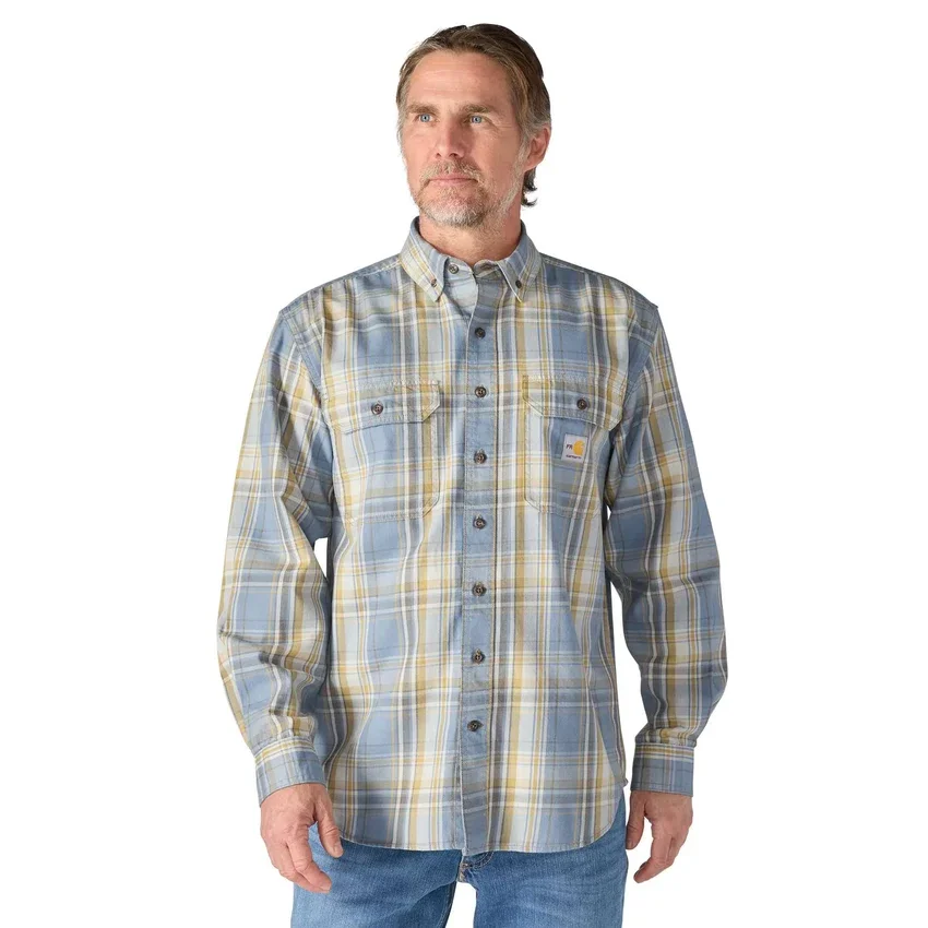 Camisa masculina de manguitos longos em sarja xadrez, corte largo - Camisas resistentes ao fogo