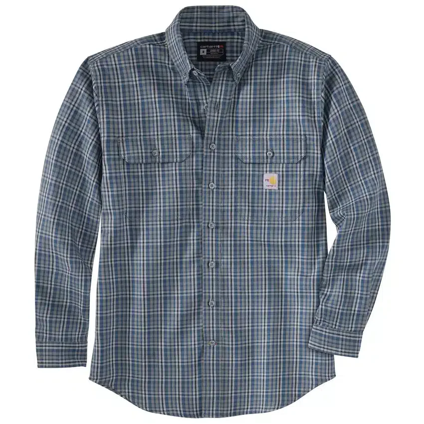 Camisa masculina de manguitos longos em sarja xadrez, corte largo - Camisas resistentes ao fogo