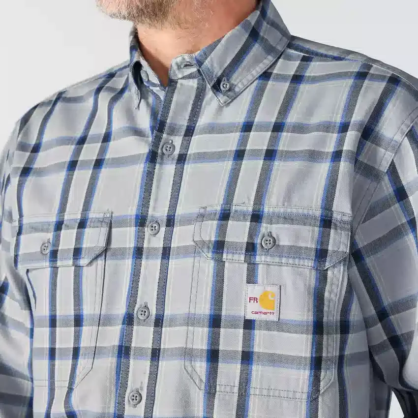 Camisa masculina de manguitos longos em sarja xadrez, corte largo - Camisas resistentes ao fogo
