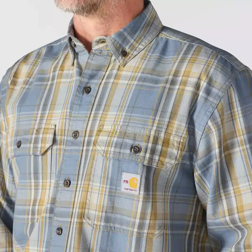 Camisa masculina de manguitos longos em sarja xadrez, corte largo - Camisas resistentes ao fogo