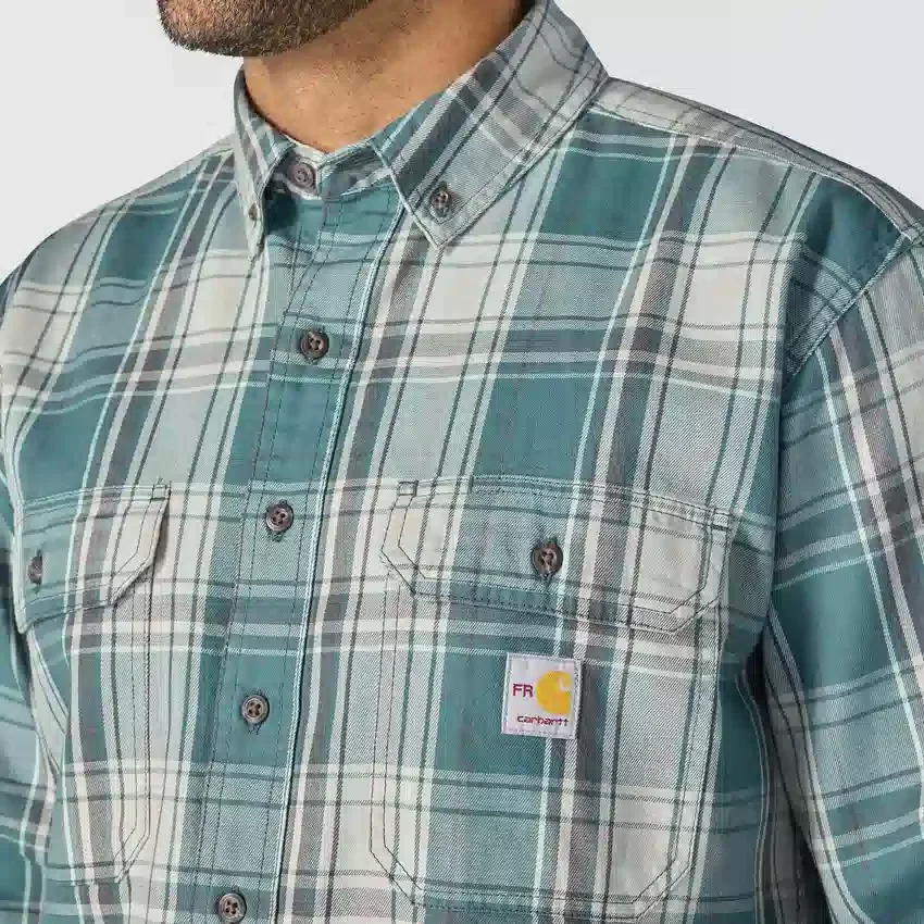 Camisa masculina de manguitos longos em sarja xadrez, corte largo - Camisas resistentes ao fogo