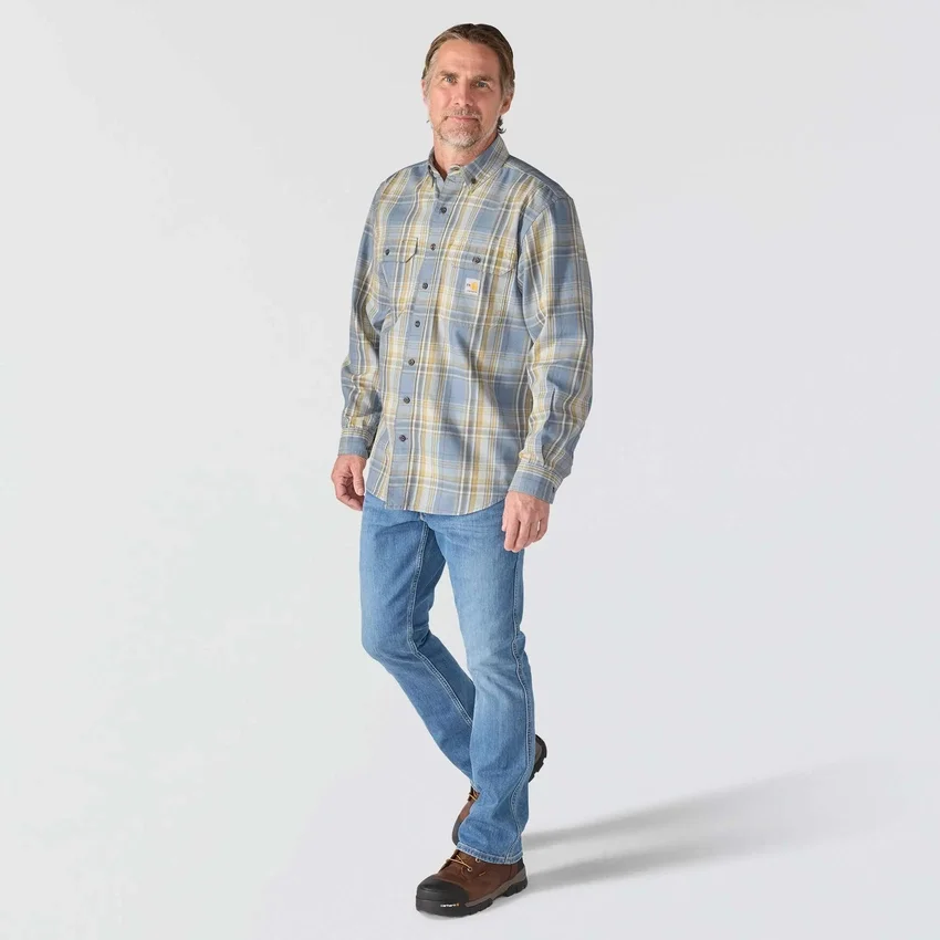 Camisa masculina de manguitos longos em sarja xadrez, corte largo - Camisas resistentes ao fogo