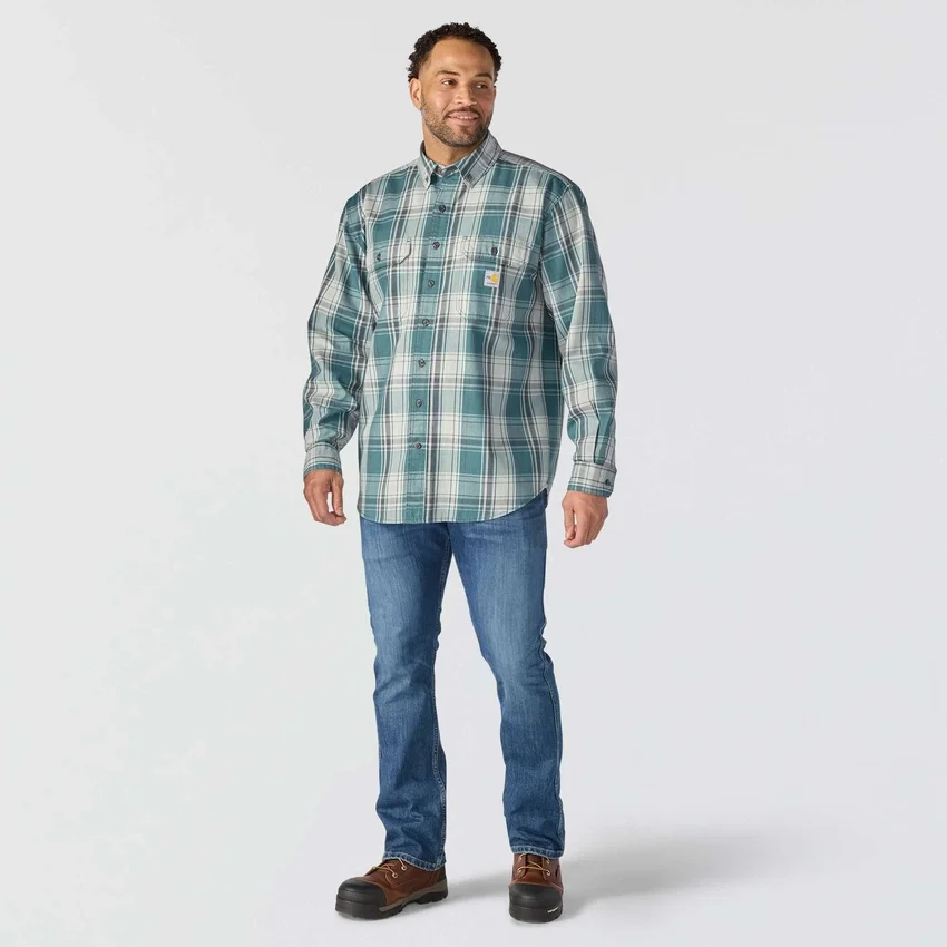 Camisa masculina de manguitos longos em sarja xadrez, corte largo - Camisas resistentes ao fogo