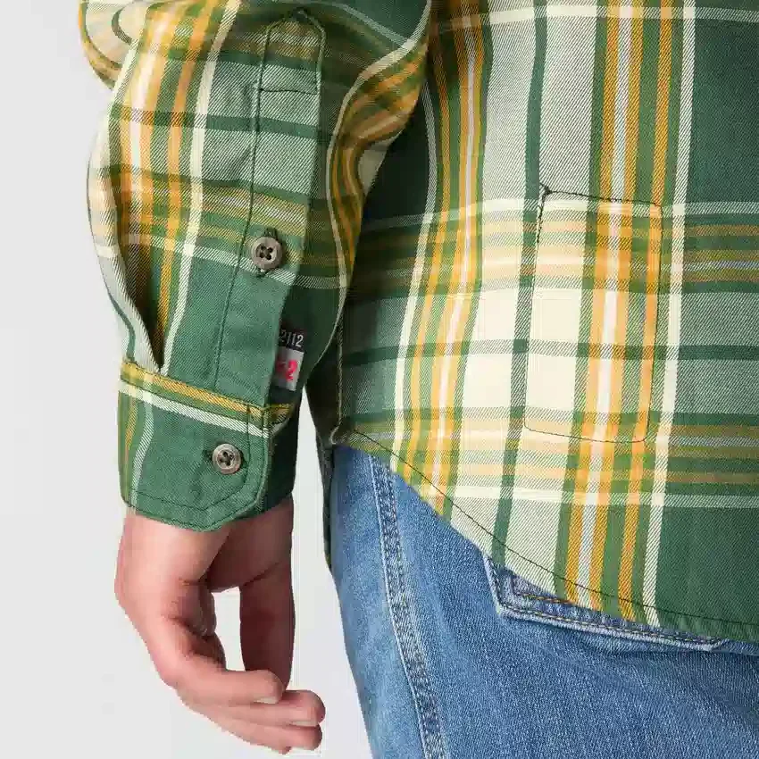 Camisa masculina de manguitos longos em sarja xadrez, corte largo - Camisas resistentes ao fogo