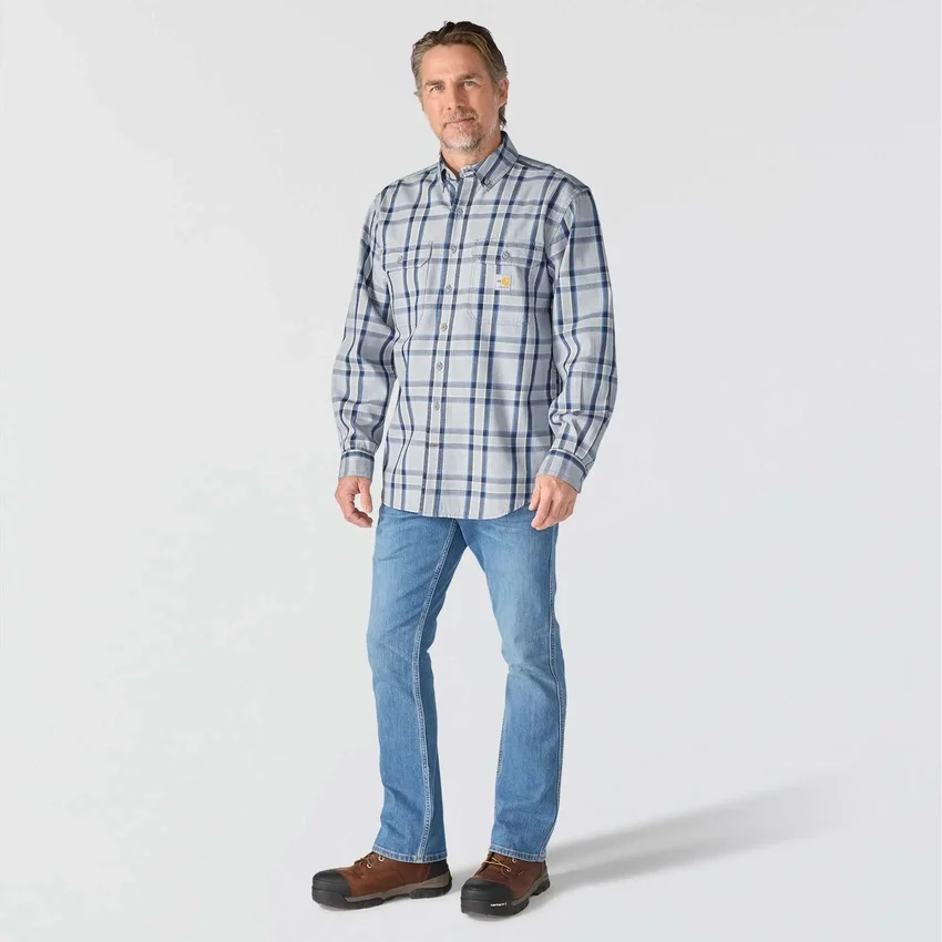 Camisa masculina de manguitos longos em sarja xadrez, corte largo - Camisas resistentes ao fogo