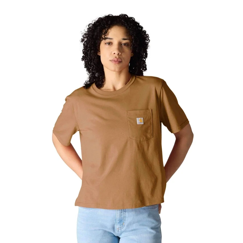 Camisas de gola redonda, corte largo e leve, com bolso, em Tencel