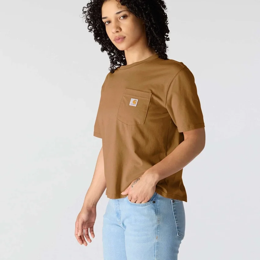 Camisas de gola redonda, corte largo e leve, com bolso, em Tencel