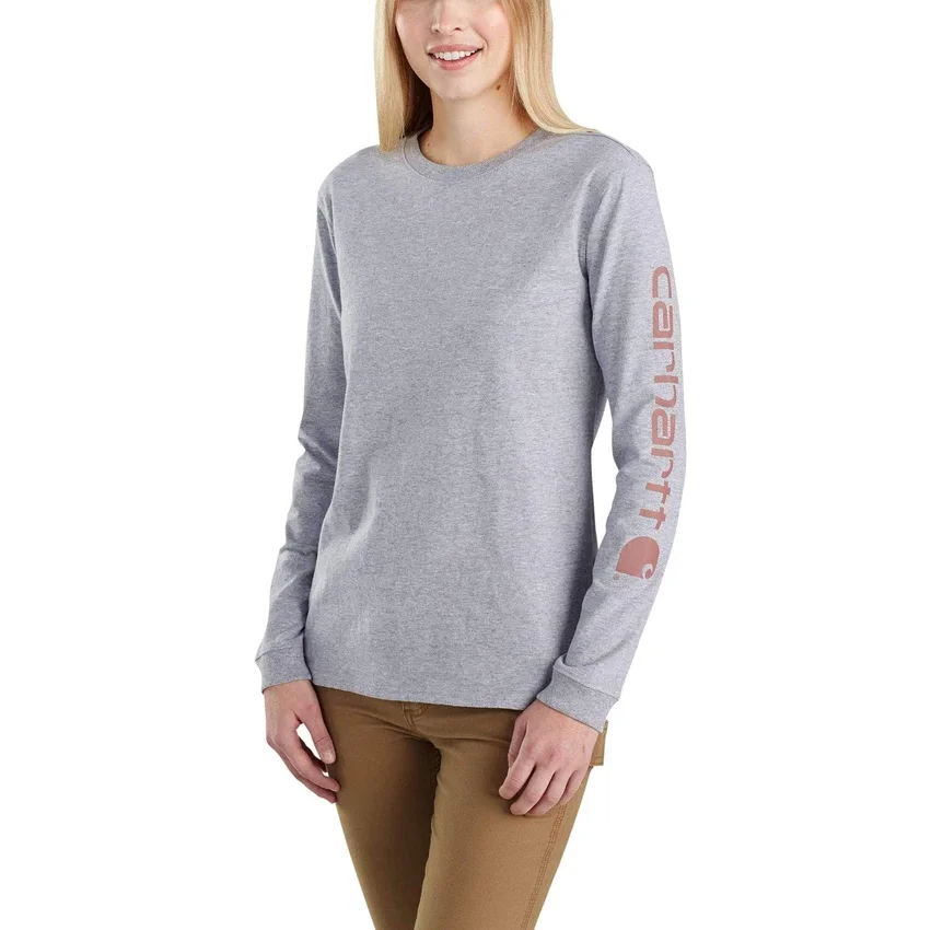 Camisas femininas Dearborn de corte largo, com manguitos compridos e peso pesado, com logótipo