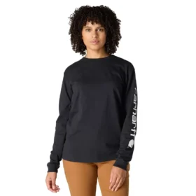 Camisas femininas Dearborn de corte largo, com manguitos compridos e peso pesado, com logótipo
