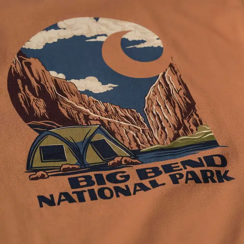 Camisas masculinas de manguitos longos e tecido pesado com grafismo do Parque Nacional de Big Bend
