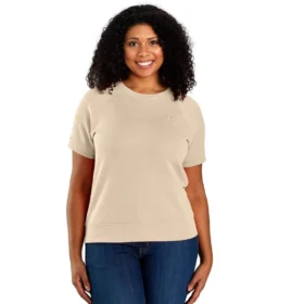 Camisola com manguitos curtos para mulher, em tecido French Terry leve de Tencel, com corte descontraído