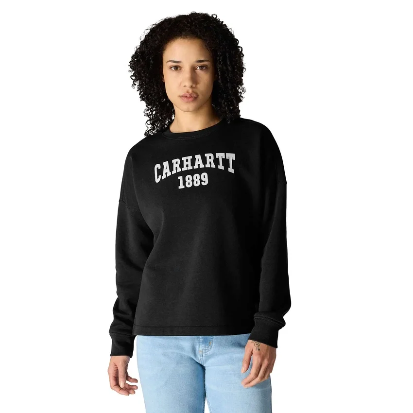 Camisola feminina de corte largo e peso médio com gola redonda e estampado carhartt 1889