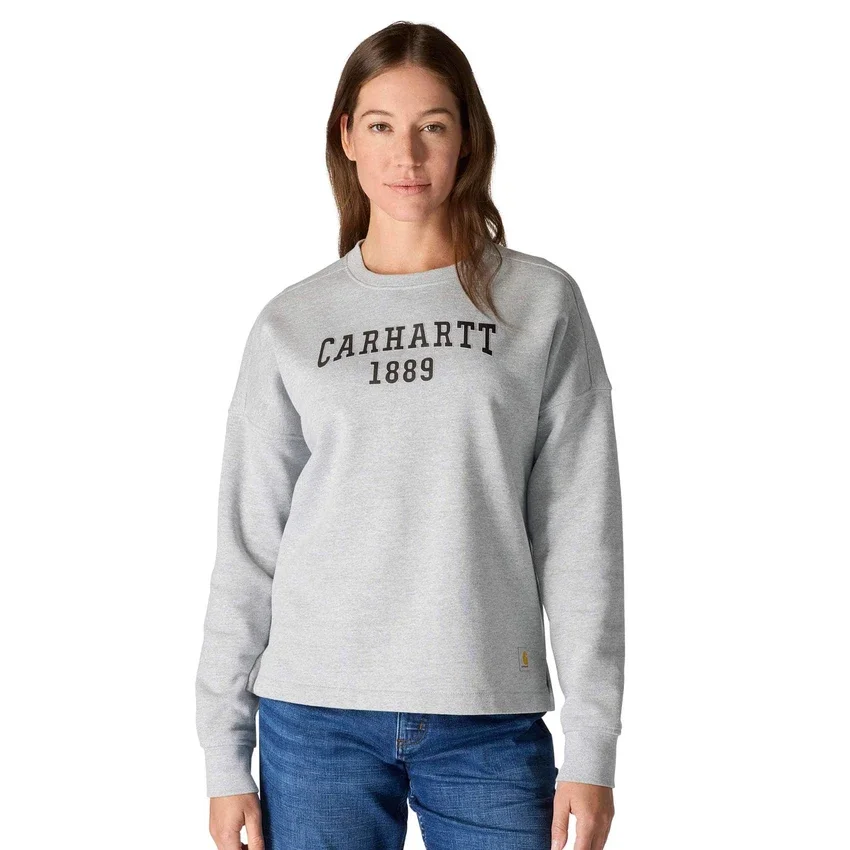Camisola feminina de corte largo e peso médio com gola redonda e estampado carhartt 1889