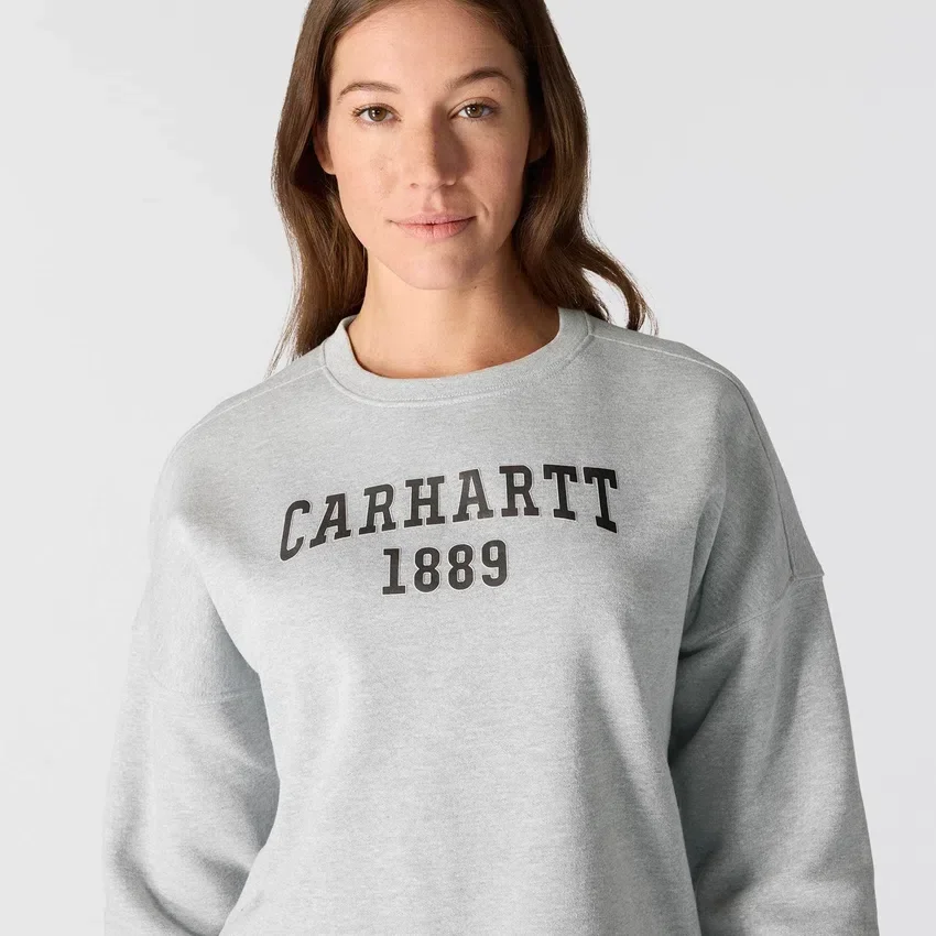 Camisola feminina de corte largo e peso médio com gola redonda e estampado carhartt 1889