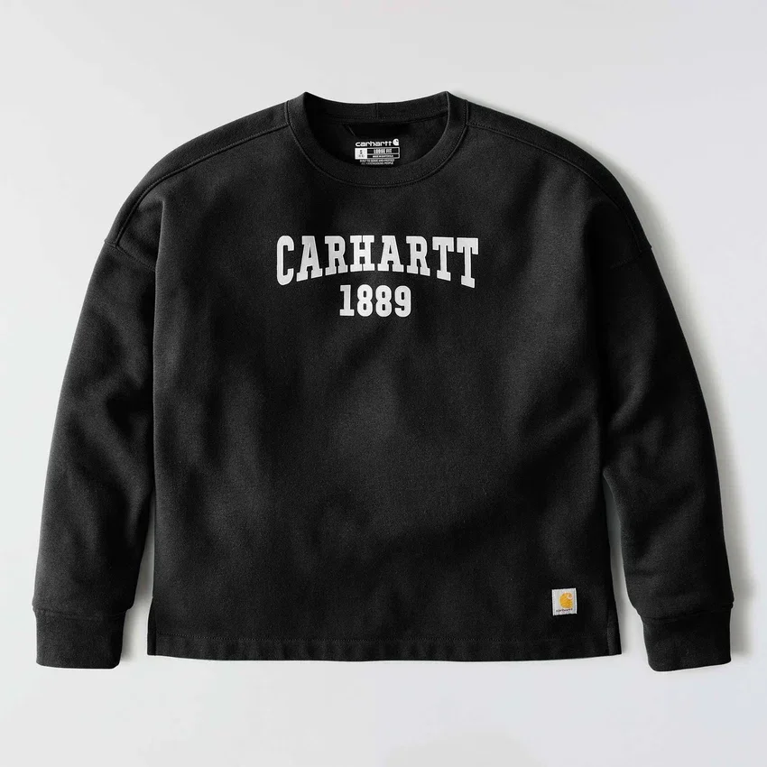 Camisola feminina de corte largo e peso médio com gola redonda e estampado carhartt 1889