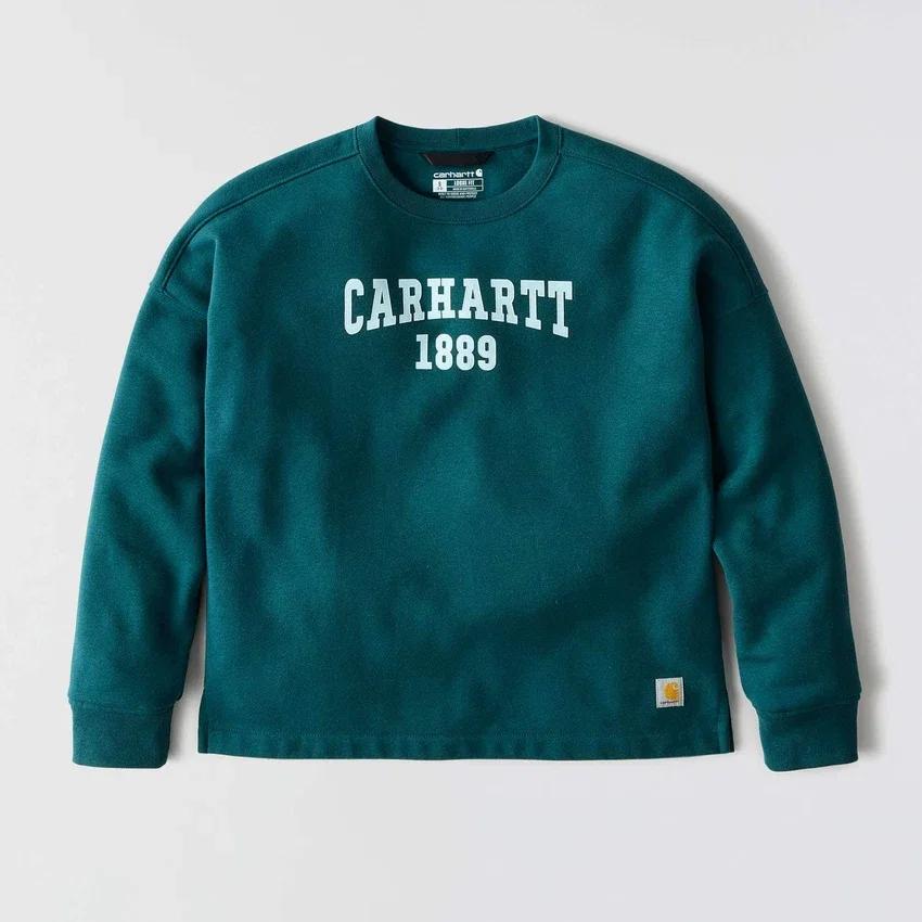 Camisola feminina de corte largo e peso médio com gola redonda e estampado carhartt 1889