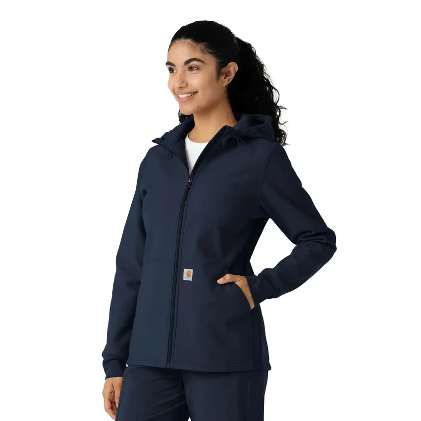 Casaco com capuz de malha polar laminada para mulher