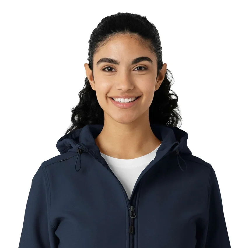 Casaco com capuz de malha polar laminada para mulher