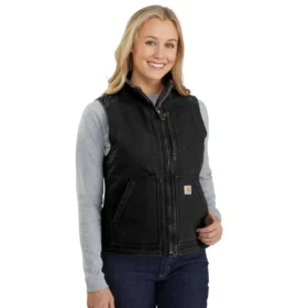 Colete feminino de algodão duck lavado com forro de sherpa e gola alta