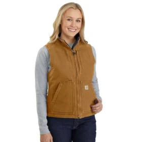 Colete feminino de algodão duck lavado com forro de sherpa e gola alta