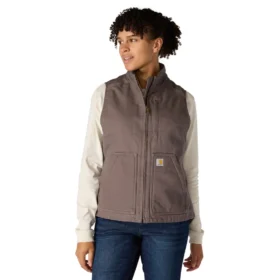 Colete feminino de algodão duck lavado com forro de sherpa e gola alta