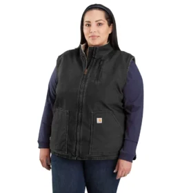 Colete feminino de algodão duck lavado com forro de sherpa e gola alta