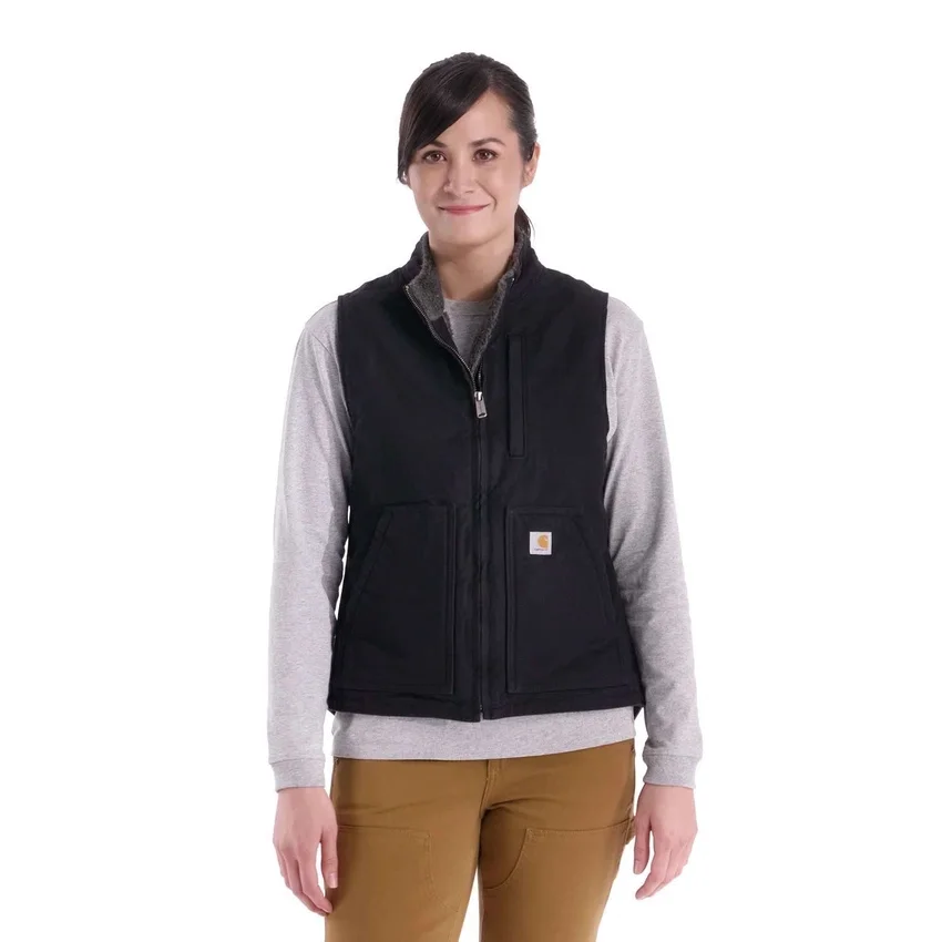 Colete feminino de algodão duck lavado com forro de sherpa e gola alta