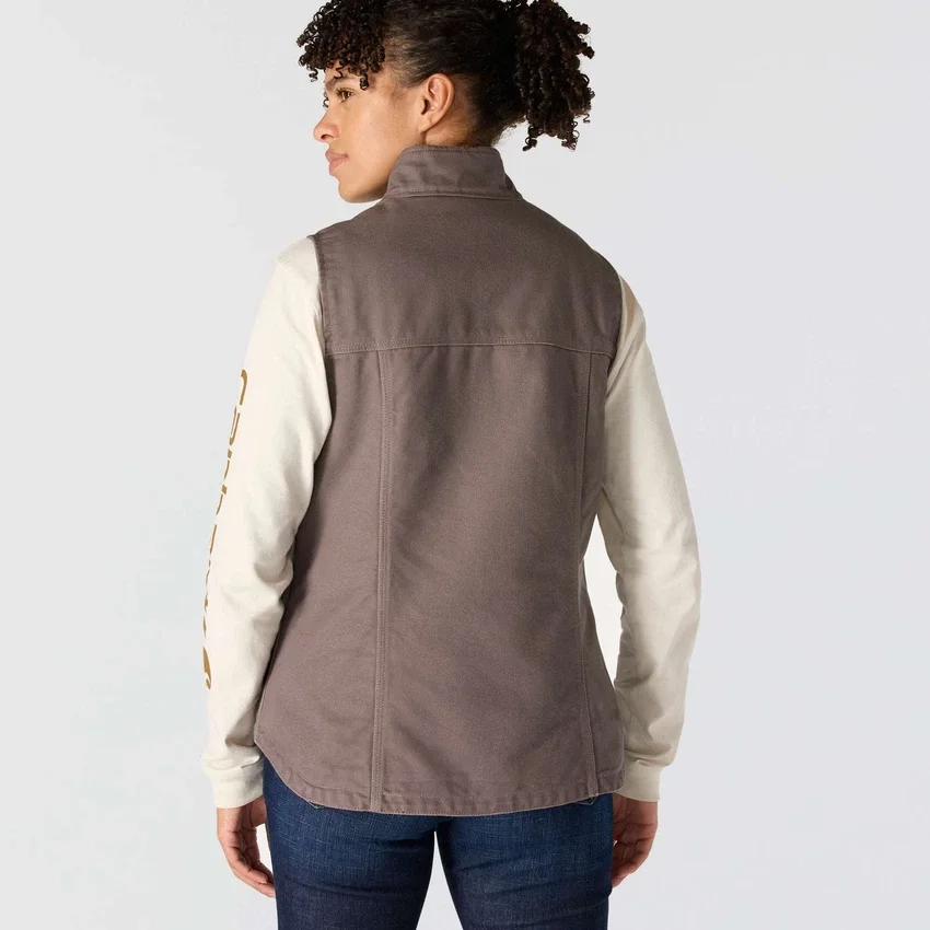 Colete feminino de algodão duck lavado com forro de sherpa e gola alta
