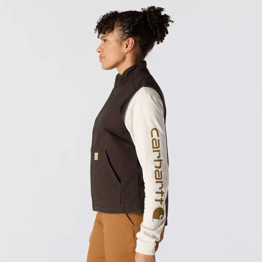 Colete feminino de algodão duck lavado com forro de sherpa e gola alta
