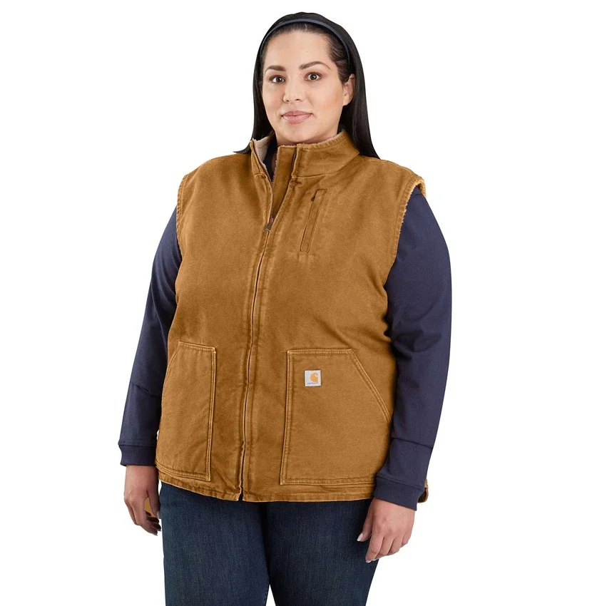 Colete feminino de algodão duck lavado com forro de sherpa e gola alta