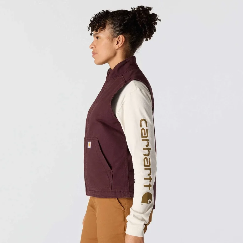 Colete feminino de algodão duck lavado com forro de sherpa e gola alta