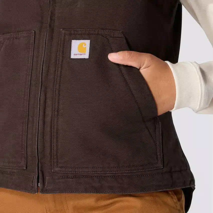Colete feminino de algodão duck lavado com forro de sherpa e gola alta