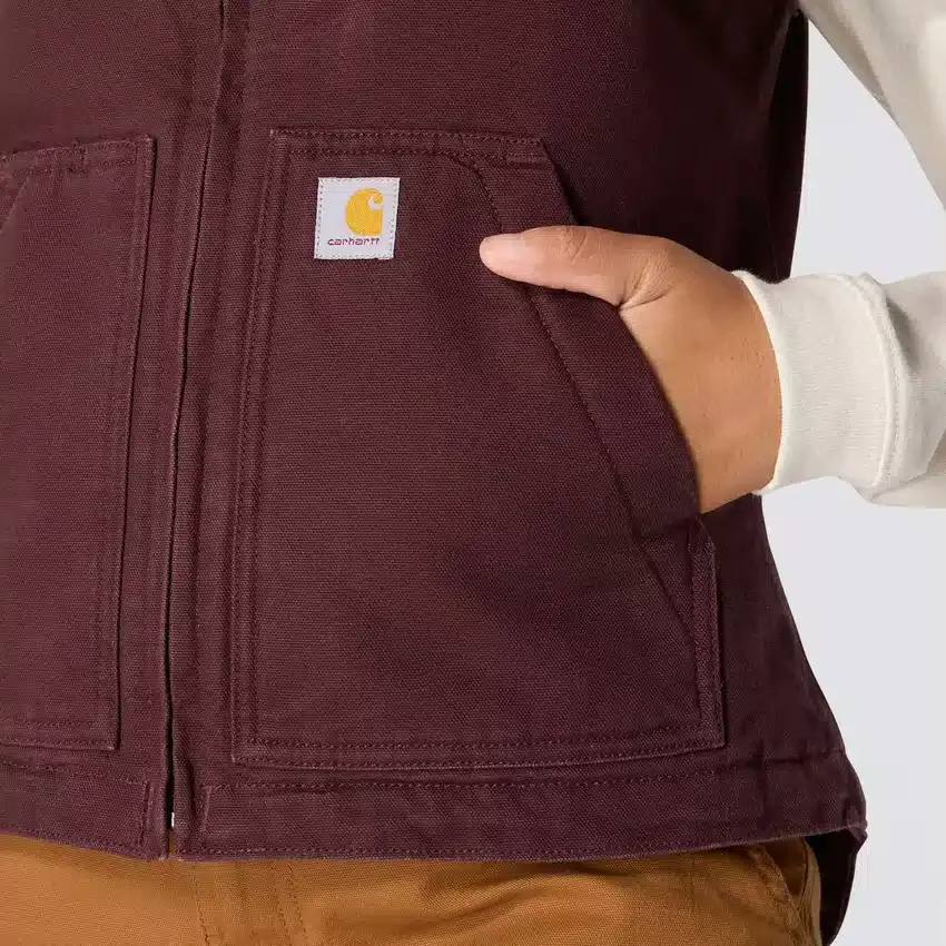 Colete feminino de algodão duck lavado com forro de sherpa e gola alta